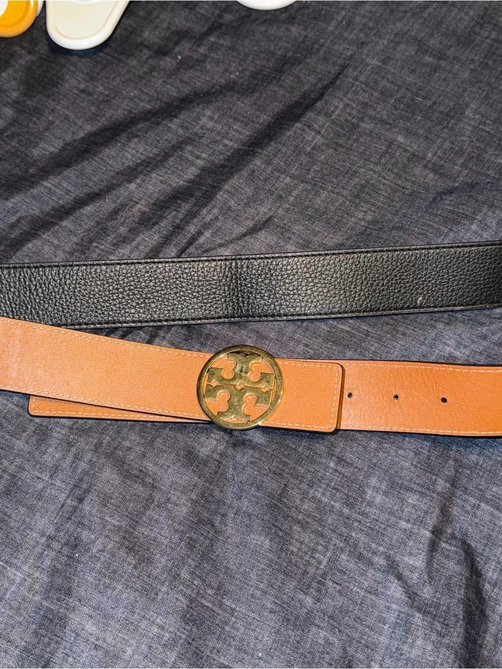 Tory Burch Reversible Leather Belt in Black and Tan with Gold Logo Buckle